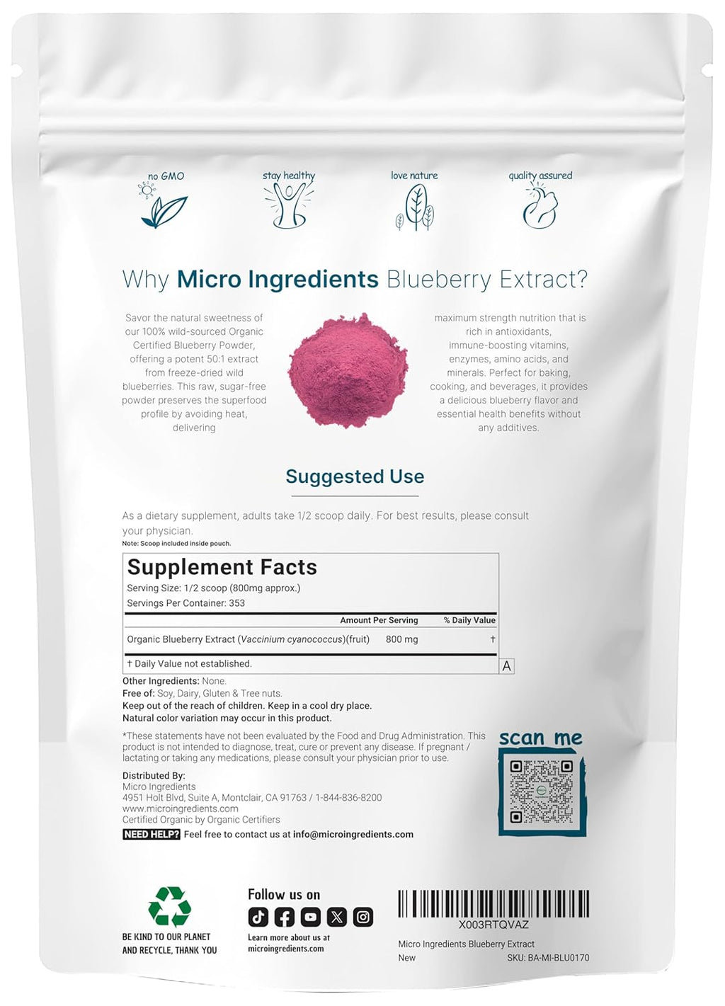 Organic Blueberry Extract Powder, 10oz | 100% Natural Fruit Powder | Freeze-Dried Wild Blueberries Source | No Sugar & Additives | Great Flavor for Drinks, Smoothie, & Beverages | Non-GMO & Vegan