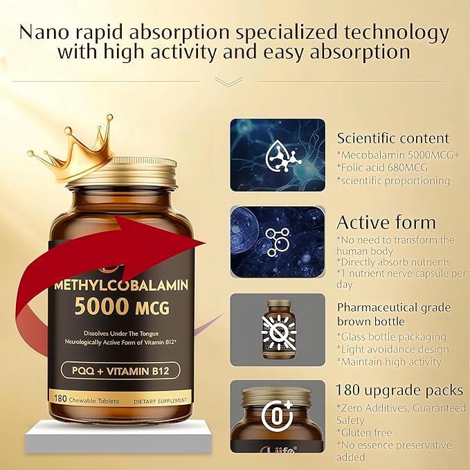 LIIFE Vitamin B12 (Methylcobalamin)+ PQQ 5000 mcg | 180 Chewable Tablets | Supports General Energy, Brain & Nervous System Health | Gluten Free | 1 Capsule per Serving*