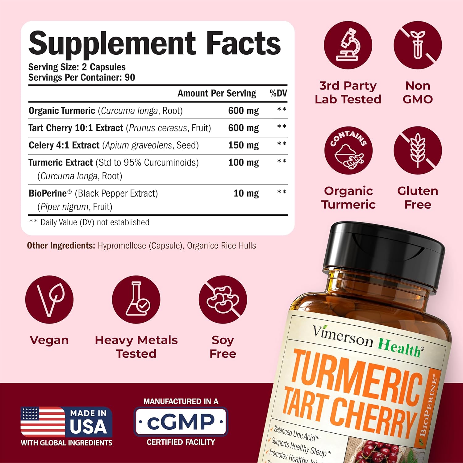 Turmeric Curcumin Supplement with 10:1 Tart Cherry Extract & Celery Seed Extract - Natural Uric Acid Balance, Joint Health & Sleep Aid - Turmeric Curcumin with Black Pepper. 180 Tart Cherry Capsules