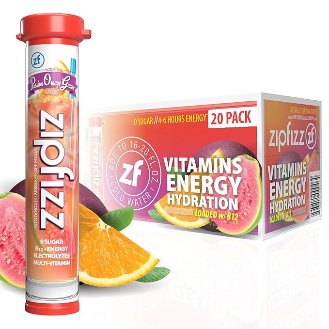 Zipfizz Daily Energy Drink Powder, Passion Orange Guava, 20 Pack | 3-in-1 Sustained Energy, Rapid Hydration, and Essential Vitamins | Sugar-Free | Electrolyte Powder | Contains Vitamin B-12 & Antioxidants