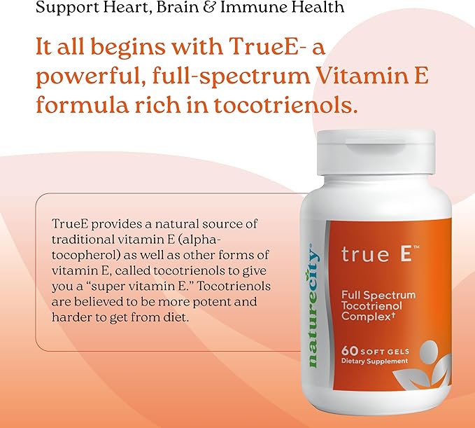 NatureCity True-E Full Spectrum Tocotrienols Vitamin E & Natural Alpha Tocopherol Supplement | Sustainable Vitamin E Tocotrienols from Evnol Suprabio | Non-GMO Vitamin E Complex | 60 Soft gels