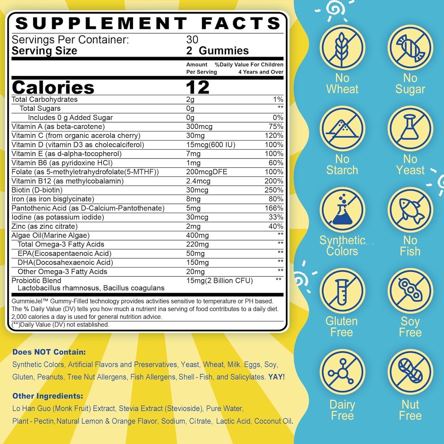 (2 Pack) Kids Multivitamin Gummies with Iron, Sugar Free, Kids Daily Vitamins + Probiotics, Algae Omega 3 (EPA/DHA), A, C, D, Methyl B12, Folate, B6, Zinc, Biotin, for Healthy Growth, Immune Support