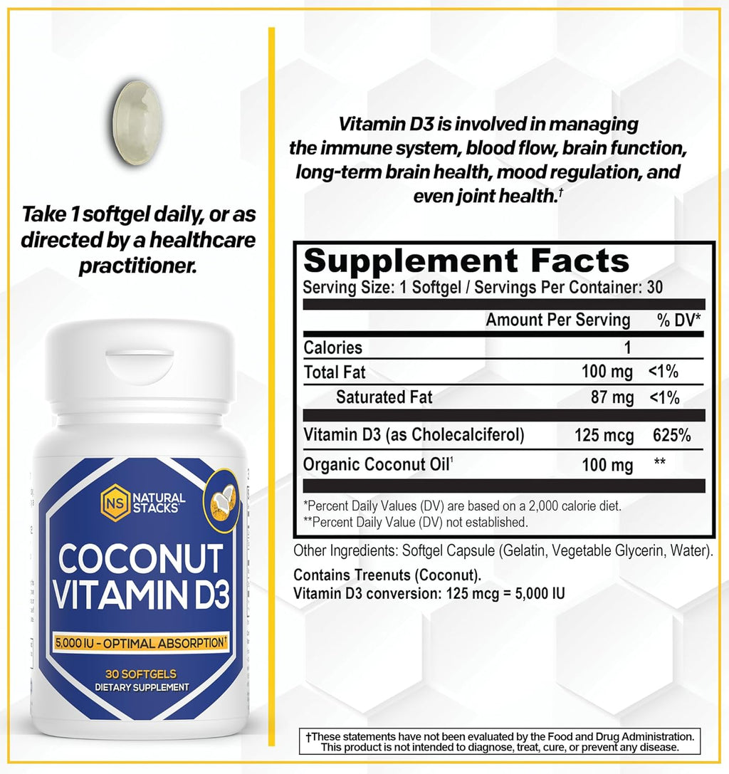 NATURAL STACKS Vitamin D 5000 IU Supplement - with Coconut Oil for Optimal Absorption - Vitamin D Pills for Immunity & Cell Growth - D3 125mcg Cholecalciferol Supplement - 30 D3 Servings