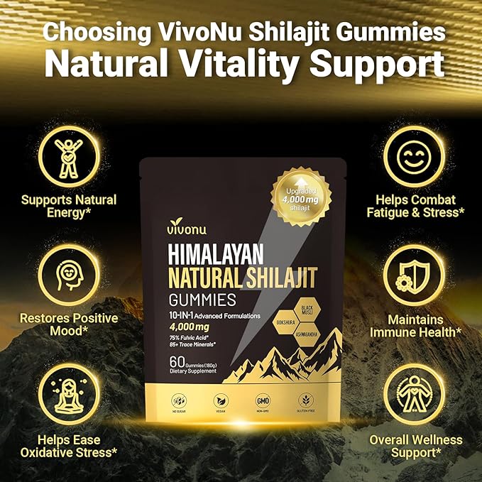 VivoNu Vivnu Shilajit Gummies, micronutrient Supplement, Himalayan Premium Ingredient Shilajit - Ashwagandha, Gokshura, Fulvic Acid & 85+ Trace Minerals 120ct