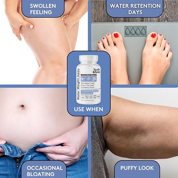 Youth & Tonic Water Weight Away – Herbal Diuretics for Water Retention & Bloating Support – with Potassium & Vitamin B6 for Fluid Balance – 30 Pills for Belly Bloat, Leg & Feet Swelling Support