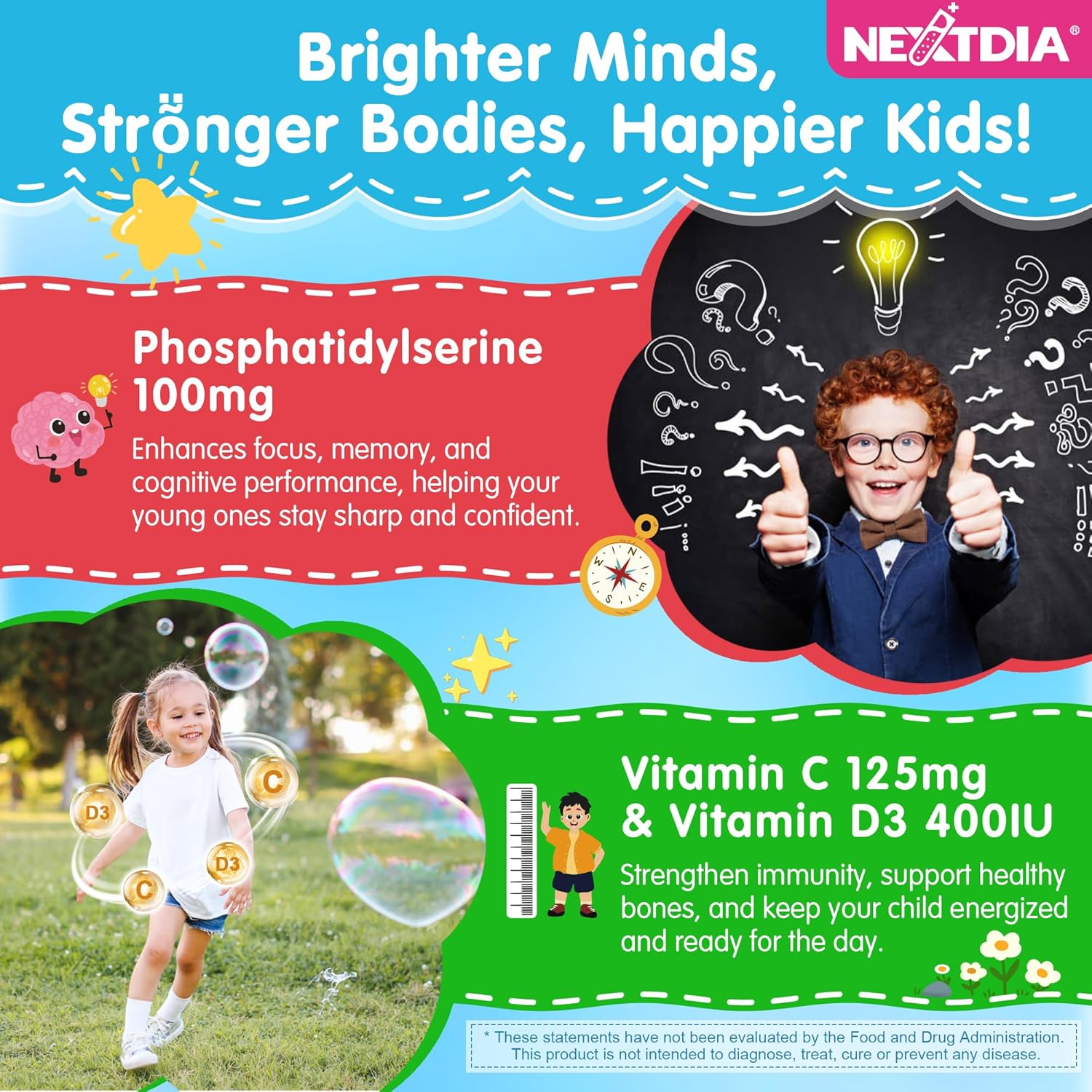 Phosphatidylserine Supplement 100mg, Focus Gummies for Kids Teens + Vitamin C & D3 400IU, Sugar Free Kids Brain Gummies Increase Attention & Concentration, Chewable, Vegan, Gluten Free, Non-GMO 60Cts