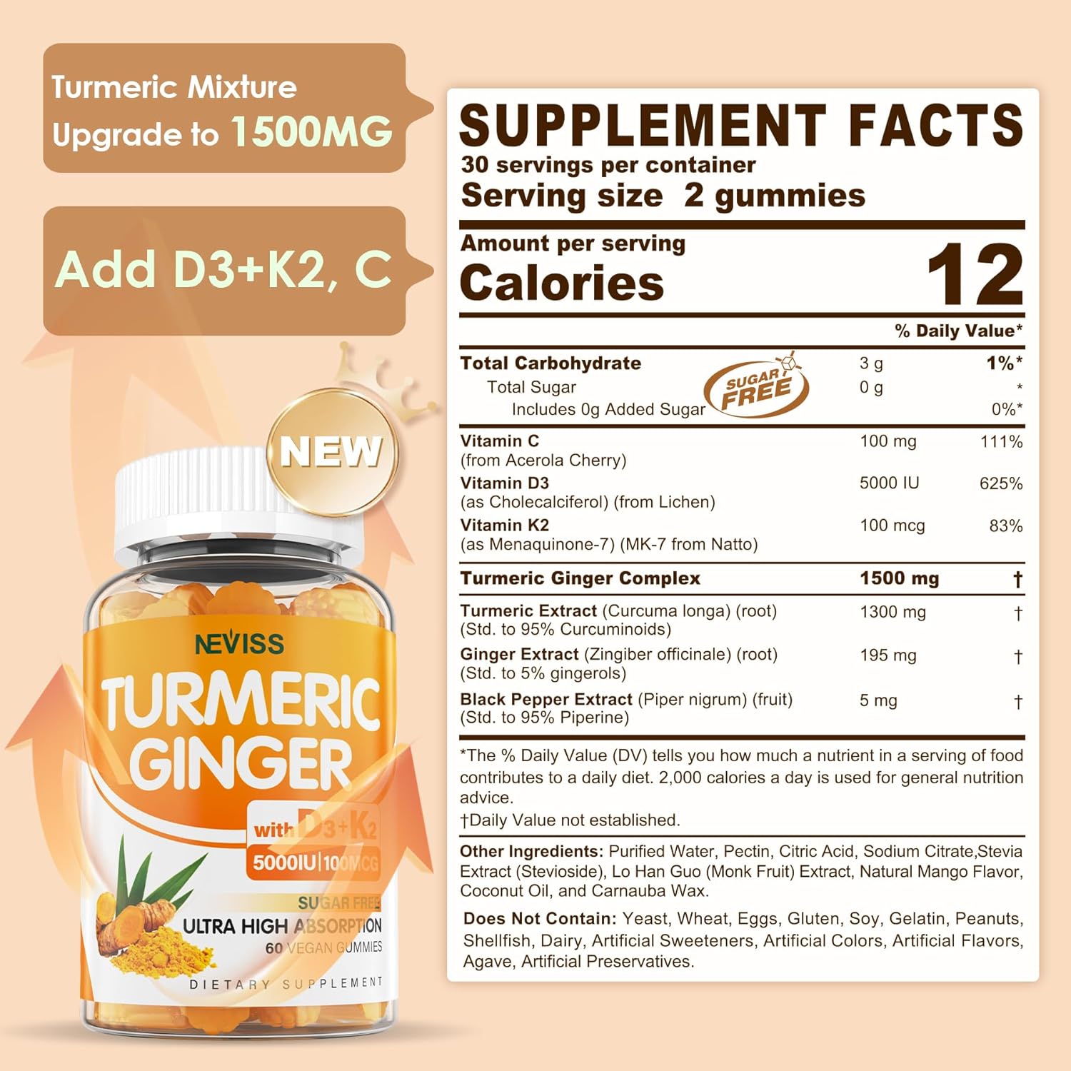 Sugar Free Turmeric Ginger Gummies 1500mg with Vitamin D3 5000IU & K2 for Women & Men, Curcumin Ginger Gummies for Adults for Immune & Digestive Support - Vegan, Mango Flavor, 60 Count