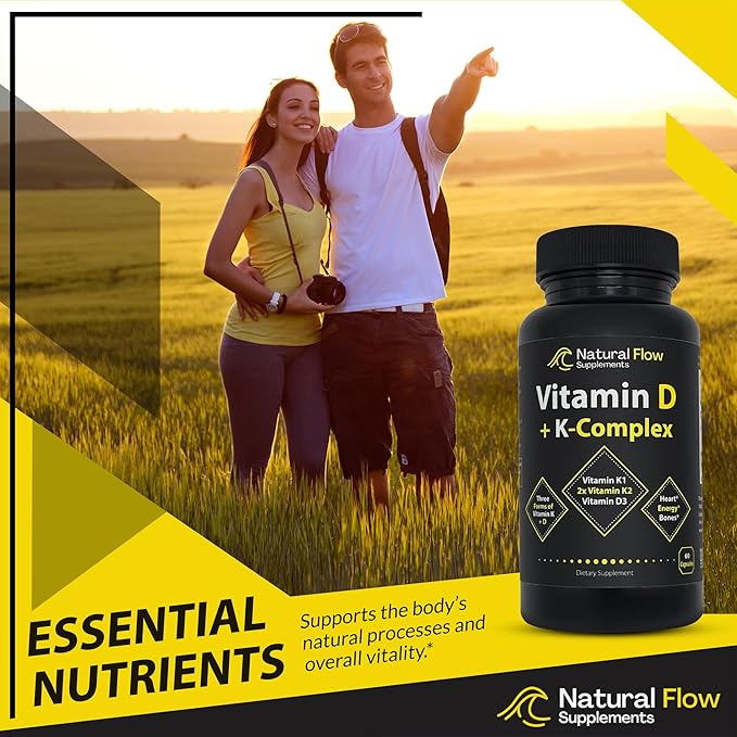 Vitamin D3 with K2 and K1 Supplement - Natural Flow Vitamin D3 and K Complex, D3 5000iu with Vitamin K2 MK4 + MK7 and K1 for Bone, Heart, and Immune Support - 60 Capsules