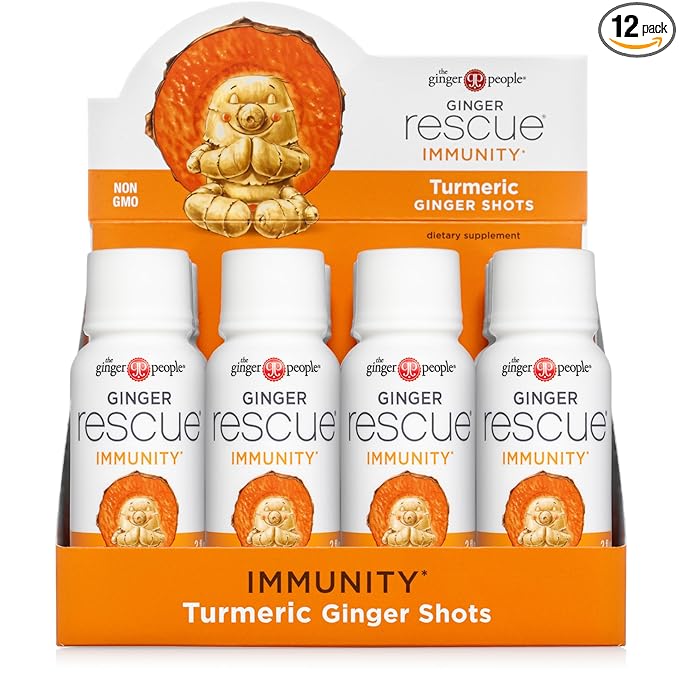The Ginger People Ginger Rescue Turmeric Shots - Immunity Boosting, Caffeine Free Energy, Digestive Heath, Turmeric, 2 Fl Oz (Pack of 12)