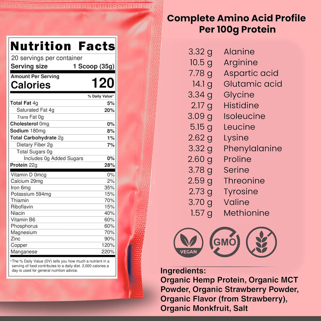 Organic Hemp Protein, Vegan Protein Powder, Clean Plant Based Protein Powder, Non Dairy Protein, Lactose Free Natural Protein, Gluten Free- 20 Servings, Strawberry