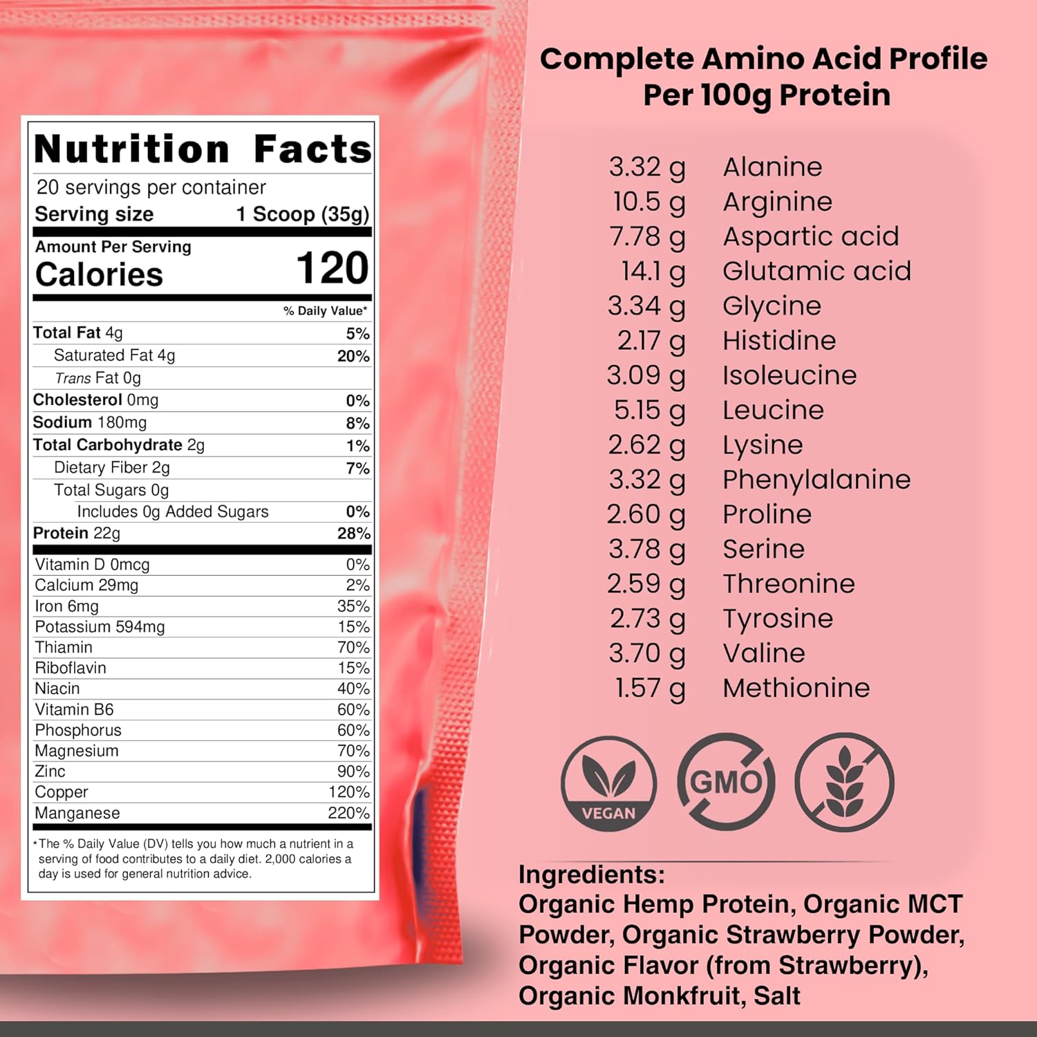 Organic Hemp Protein, Vegan Protein Powder, Clean Plant Based Protein Powder, Non Dairy Protein, Lactose Free Natural Protein, Gluten Free- 20 Servings, Strawberry