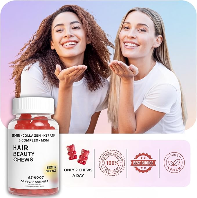 RE:ROOT Hair Beauty Gummies – 5000 mcg Biotin, Collagen, Keratin, MSM – Hair, Skin & Nails Support – Vegan – Berry Flavor – 60 Gummies