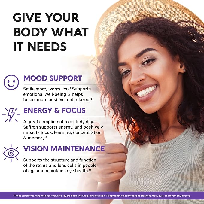 Natural Saffron Supplements - Pure Saffron Extract 88.5 mg - Made in USA - Mood | Focus | Vision | Energy Support - Eye Health for Women & Men - NonGMO Vegan Pills - 90 Powder Capsules, 3 Month Supply