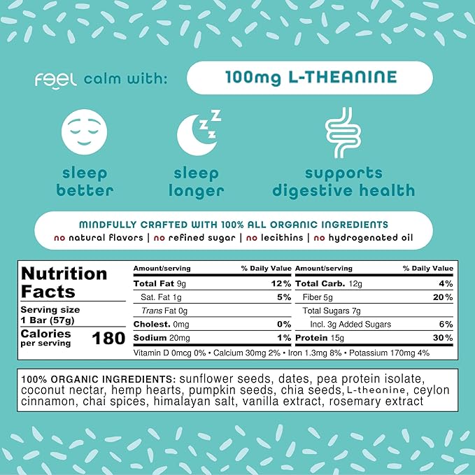 Feel Vegan Protein Bars, Calm, Kava, 15g Protein, Adaptogenic Snack, Organic, Low Sugar, Low Carb, Gluten Free, Dairy, Nut, Grain, Soy Free, Vanilla Spice, 10 Pack