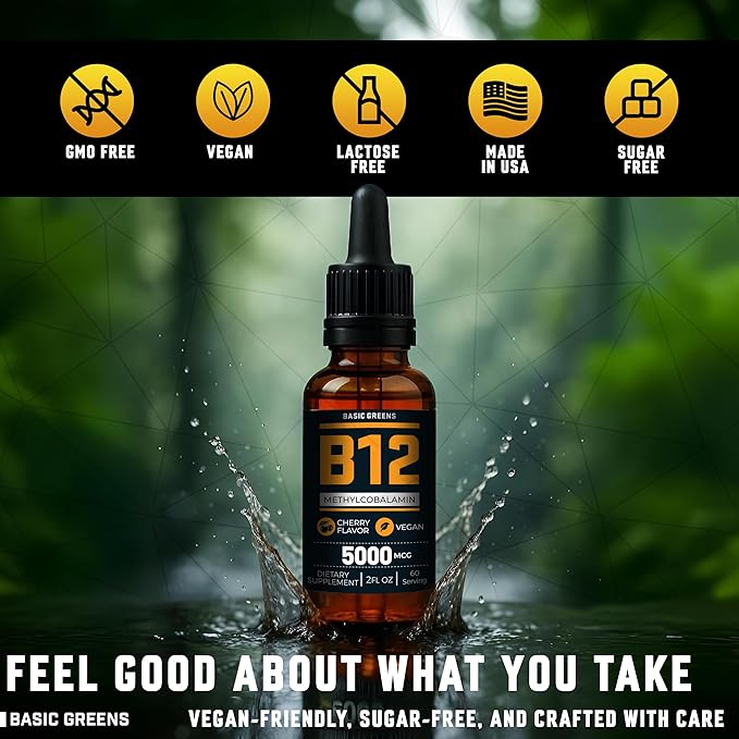 Vitamin B12 Sublingual Liquid Drops 5000 mcg – Vegan Methyl B-12 Supplement for Energy & Focus – B 12 Vitamin for Women & Men – Fast Absorption Methylcobalamin – 120 Servings – 4 fl oz