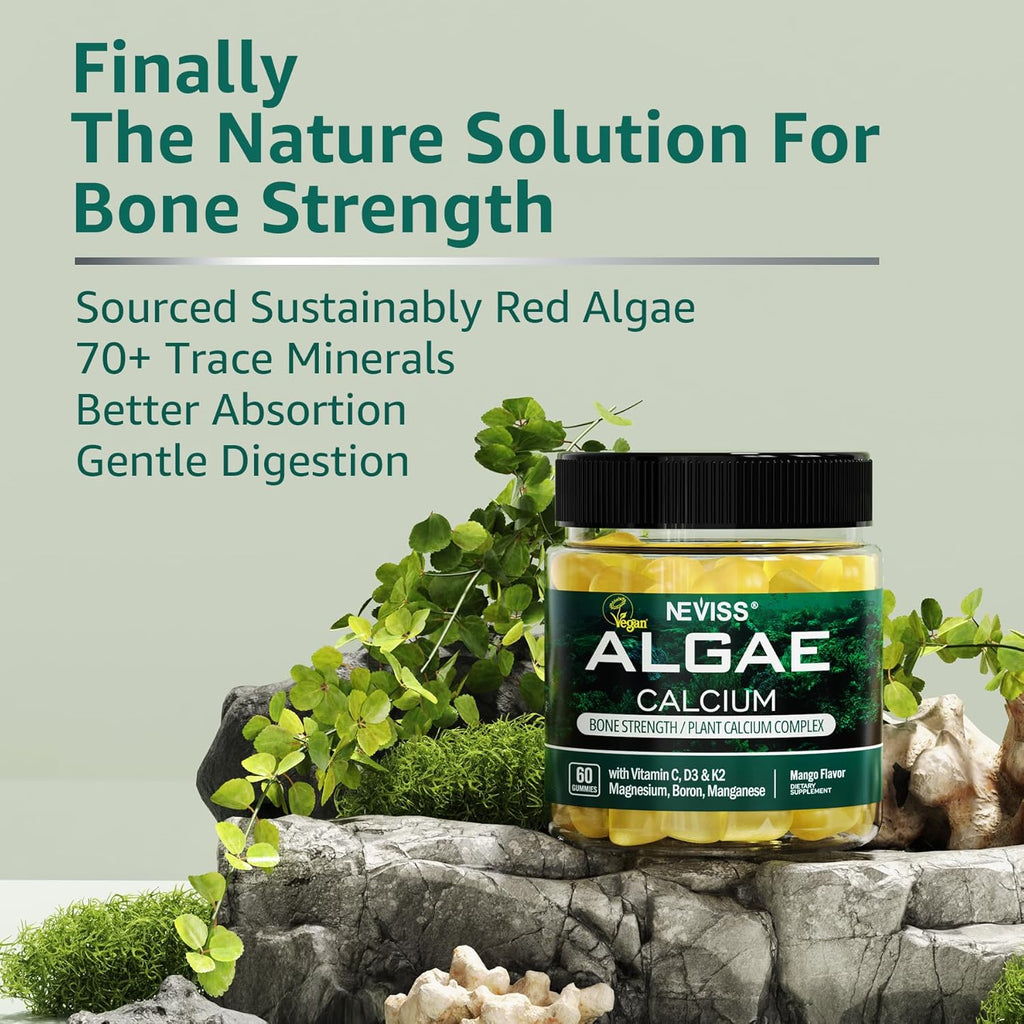 (2 Pack) Calcium Gummies for Women, Sugar Free Calcium Supplement from Sustainable Algae (3rd Party Tested) with Vitamin D3 K2, C, Zinc, Boron, Manganese for Bone Strength, Calcium Absoption, Vegan