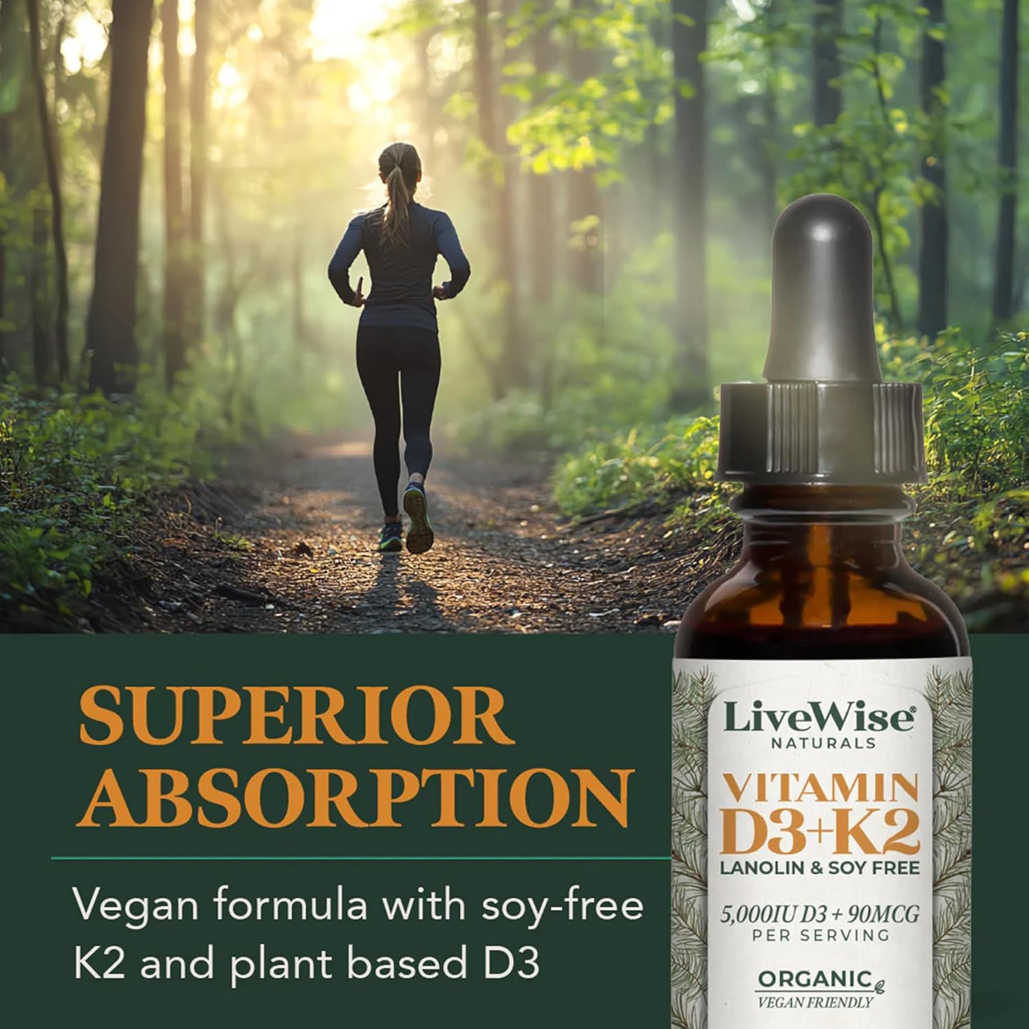 Vitamin D3+K2 Liquid Drops - Organic MCT Oil Formula for Adults - Easy Absorption D3 K2 Supplement for Immune Support & Bone Health -5000IU