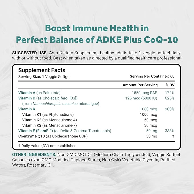 Naturalis Vegan Vitamin ADK with 50mg Tocotrienol and CoQ-10 | Nano-Emulsified in EVOO for Better Absoprtion | Non-GMO, Soy Free and Vegan Society Certified | 60 Veggie Softgels (Carrageenan Free)