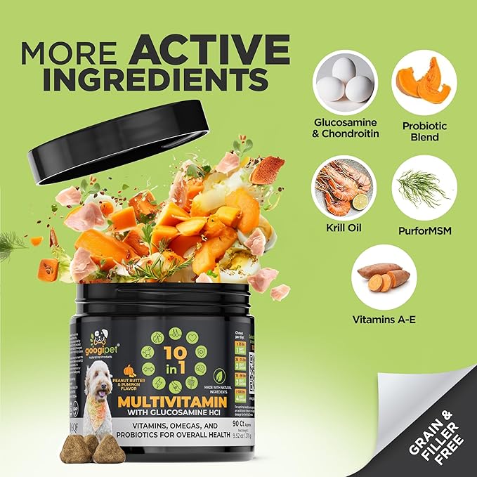 Googipet Premium Dog Multivitamin Chewable, Dog Vitamins and Supplements, Puppy Vitamins & Senior Dogs Probiotics for Gut Health + Vitamin C, Glucosamine for Dogs Joint Support (PB & Pumpkin Flavor)