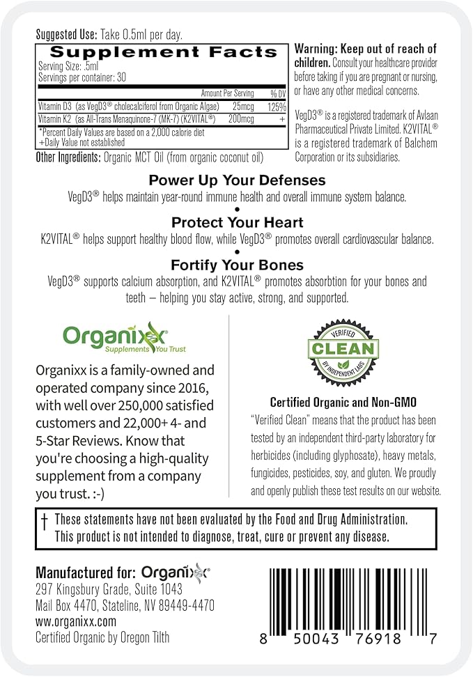 Organixx D3 K2 Supplement, Supports Bone and Immune Health, Bioavailable and Easy Absorption Formula with MCT Oil, for Overall Wellness, Clean Nutrient Blend, Non GMO, 15 ML, 30 Servings