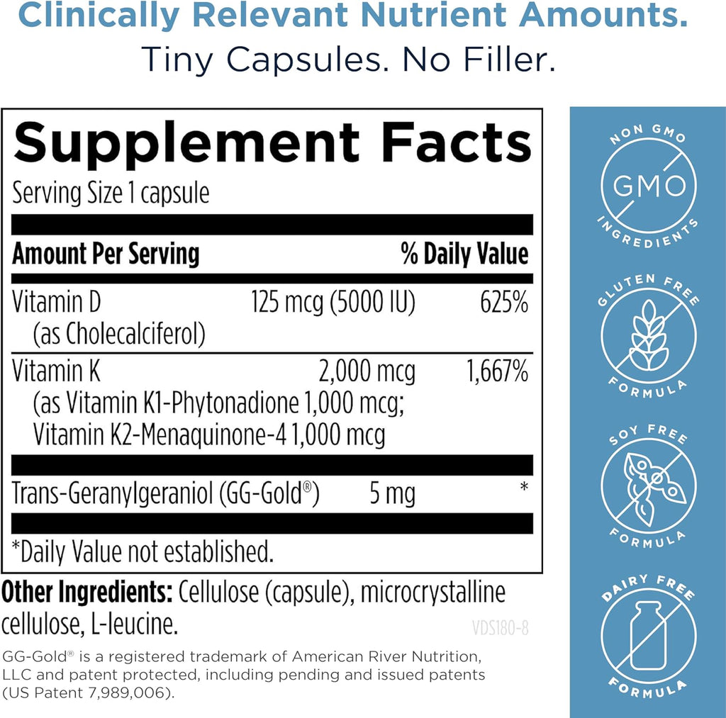 Designs for Health Vitamin D Supreme - Vitamin D 5000 IU with 2000mcg Vitamin K as MK4 for Bone Health, Heart Health & Immune Support - Vitamin D3 Enhanced with GG Supplement (180 Capsules)