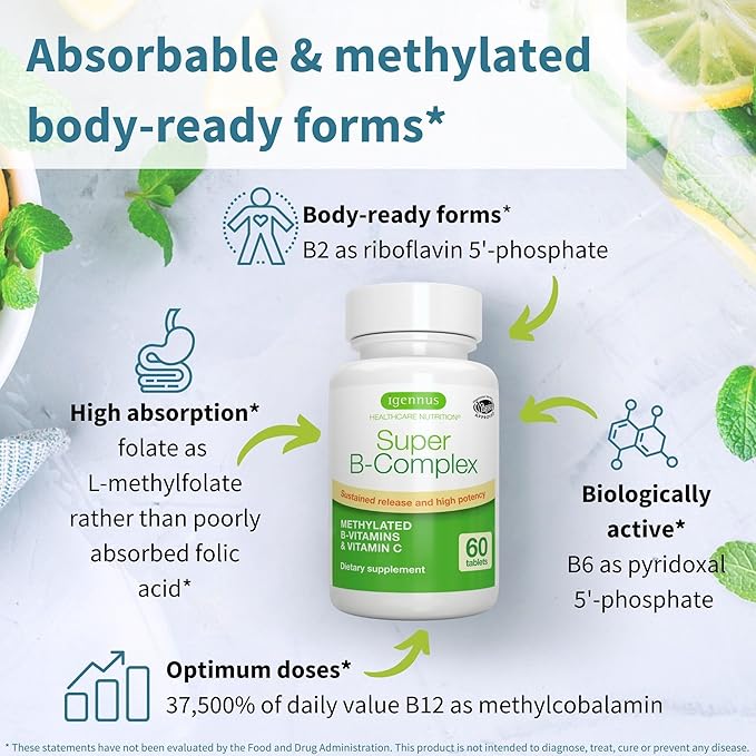 Igennus Super B-Complex Methylated B-Vitamins, MTHFR Supplement with Methylfolate & B12 Methylcobalamin, High Bioavailability & Potency, Vegan, Lab Verified, 180 Small Tablets