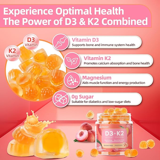 Vitamin D3 K2 Gummies w/Magnesium Sugar Free - 90 Count | D3 Vitamin 5,000 IU + K2(MK-7) 100 mcg - Vegan K2 D3 Vitamin Supplement, Highly Absorbent Supports Bone, Muscle, Mood & Immune(Peach Flavor)