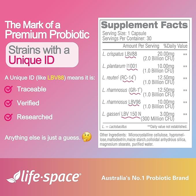 Life-Space Probiotic for Women, Support Healthy Vaginal Microflora & Comfort, Daily Supplement for Women, pH Balance with Lactobacillus rhamnosus, 6.3 Billion CFU & 6 Strains, 30 ct