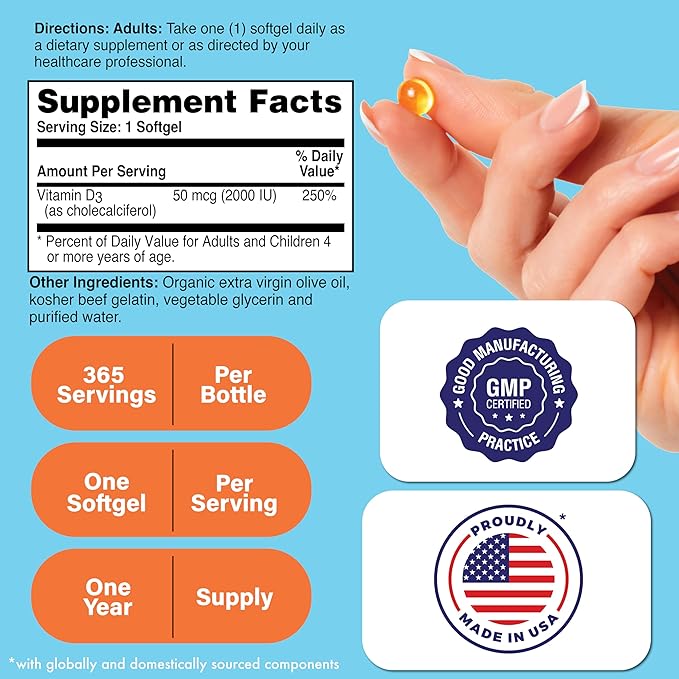 Health Thru Nutrition Vitamin D3 2000iu 365 Mini Softgels for Maximum Benefits | Year Supply | 50mcg Cholecalciferol | 3rd Party Tested | Non-GMO USP Grade in EVOO | Immune Health Support