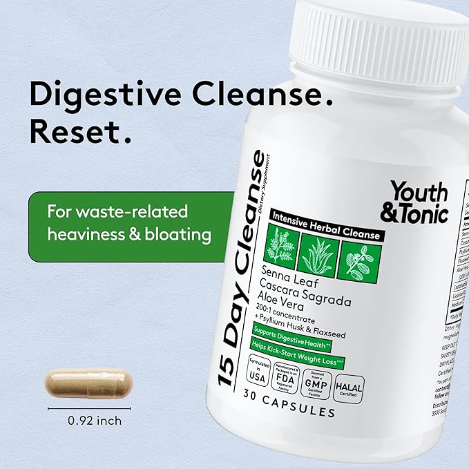 Youth & Tonic 3X Body Cleanse and Detox Pills for Women & Men with Liver, Kidney, Colon Supplements to Support Healthy Functions and for Loss of Unwanted Impurities and Metabolic Waste. 120 Capsules