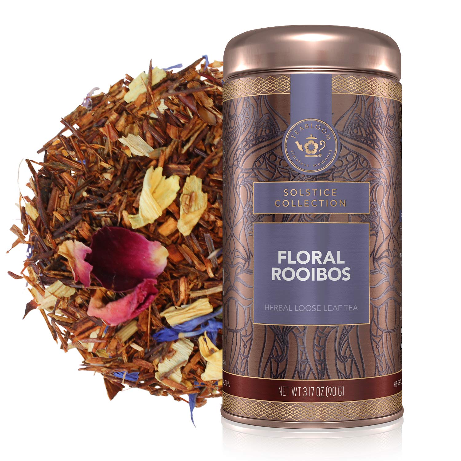 Teabloom Herbal Tea, Floral Rooibos Loose Leaf Tea, Rooibos Blend with Floral Flavors and Scent, Kosher Certified, 3.17 oz/90 g Canister Makes 35-50 Cups