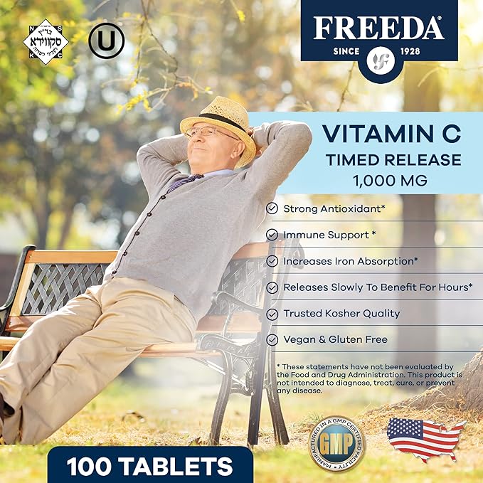 FREEDA Timed Release Vitamin C 1000mg – Slow-Release for All-Day Immune & Antioxidant Support, Gentle on Stomach, Kosher & Vegan, High-Absorption Tablets (100 Tablets)