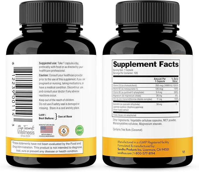 Sandhu's Vitamin D3 K2 Magnesium 10000 IU, 120mcg K2 Capsules 120 Count (Pack of 2) | with VIT B6, Zinc & Quercetin | D3K2 Supports Superior Absorption, Energy, Immune, Muscle Health for Men & Women