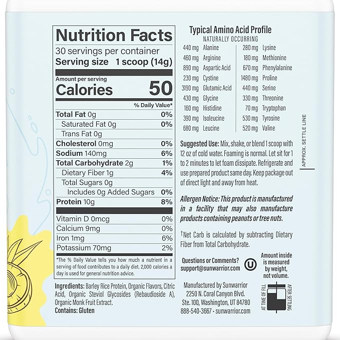 Sunwarrior Protein Water Mix Vegan Plant-Based Protein and Hydration Powder 10g Protein Drink Pineapple Coconut Flavored 420g Tub (30 SRV) Protein Refresh