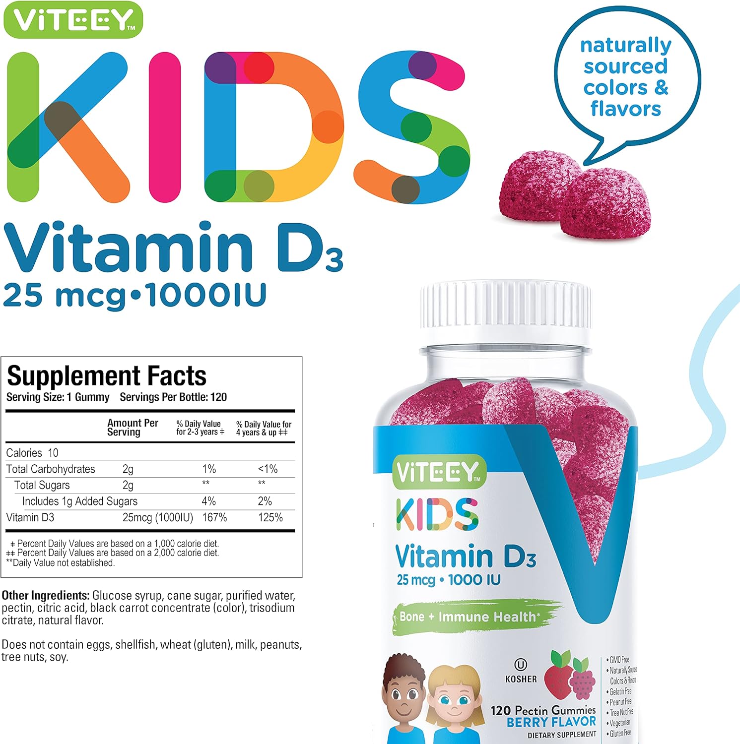 Viteey Vitamin D3 Kids Gummies 25mcg 1000 IU - Bone Health, Immune Health, Joint Muscle Support - Vegetarian, Gelatin Free, Gluten Free, GMO Free - Tasty Chewable Berry Flavored