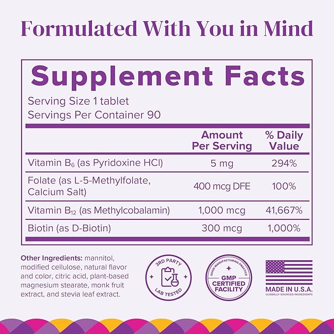 BariMelts Vitamin B12 Plus, 90 Fast-Dissolving Tablets (3-Month Supply), Sugar-Free Bariatric Vitamins for Women, Includes B12, B6, Folate and Biotin, Natural Cherry Flavor