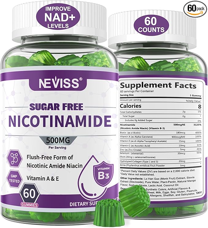 Nicotinamide 500mg Gummies, (Flush Free Niacin) Vitamin B3 Niacinamide Supplement for Cell Regeneration, NAD+ Levels, Anti-Aging, Cellular Energy, Focus & DNA Repair, Longevity, Sugar Free, 60Cts