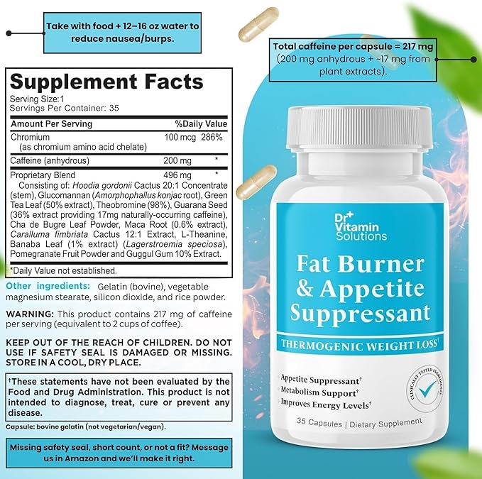 Fat Burner for Women & Men - Appetite Suppressant for Weight Loss - Pills with Chromium, Caffeine & Green Tea Extract - Metabolism Booster Thermogenic Weight Loss - 35 Capsules