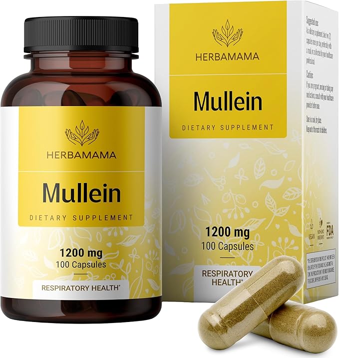 HERBAMAMA Mullein Leaf Capsules - 1200mg Mullein Leaf Extract for Lung Detox Support - Vegan, Non-GMO Respiratory Lung Cleanse Supplement