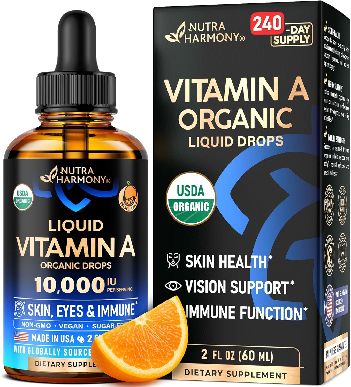 USDA Organic Vitamin A 10000 IU - Vitamin A Supplement Liquid Drops - Extra Strength for Skin Health, Eyes & Immune Support - Orange Flavour - Vegan & Sugar-free, Made in USA - 2 Fl Oz, 240-Day Supply