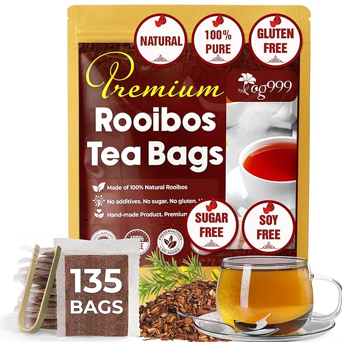 TOG999, 135 Premium Red Rooibos Tea Bags, 100% Natural & Pure from Rooibos Tea Leaves. Loose Leaf Rooibos Herbal Tea. Made with Natural Material Tea Bags. No Sugar, No Caffeine, No Gluten, Vegan.