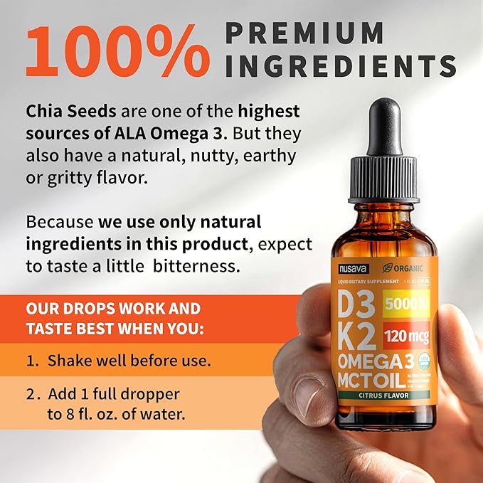 (2 Pack) Organic Vitamin D3 K2 Drops with MCT Oil Omega 3, 5000 IU, Maximum Strength Vitamin D Liquid, No Fillers, Non-GMO Liquid D3 for Faster Absorption, Immune Support (Citrus Flavor, 2 Fl Oz)