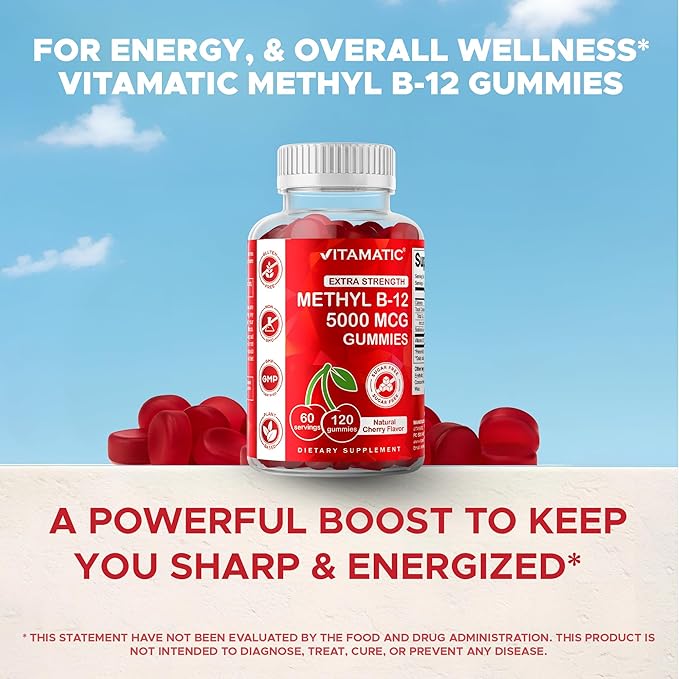 Vitamatic Extra Strength Vitamin B12 5000 mcg (Methyl B12) Gummies - 120 Count - Energy Metabolism Support and Nervous System Health Support, Natural Cherry Flavored (3)