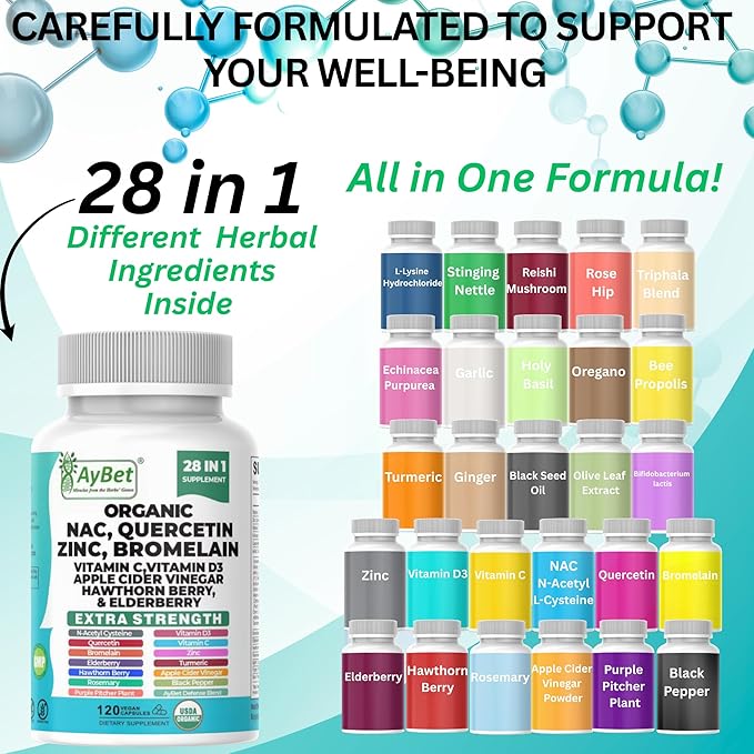 NAC-n-acetyl cysteine- Quercetin Zinc Bromelain Supplement | Extra Strength with Vit C, D3, Apple Cider Vinegar, Elderberry, Hawthorn Berry, Turmeric | Immune Support|120 Vegan Capsules | USDA Organic