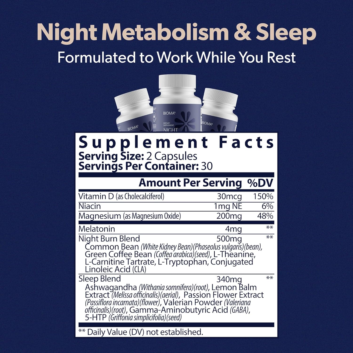 BIOMA Night Metabolism & Sleep - Supports Digestion, Energy Metabolism & Restful Sleep with Melatonin, Vitamin D, Magnesium & More - 60 Capsules (30-Day Supply)