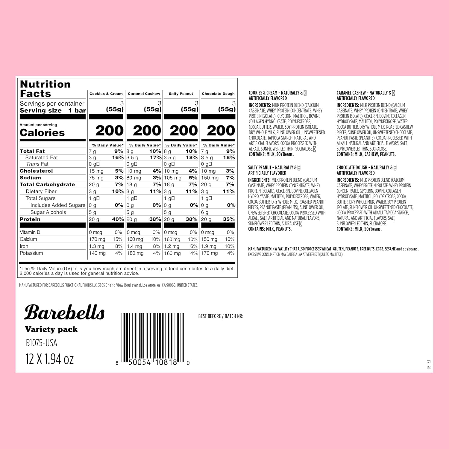 Barebells Protein Bars Variety Pack - 12 Count, 1.9oz Bars - Protein Snacks with 20g of High Protein - Chocolate Protein Bar with 1g of Total Sugars - Perfect on The Go Protein Snack & Breakfast Bars