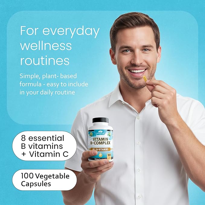 Vitamin B-Complex with Vitamin C – Includes Active B2 (Riboflavin-5-Phosphate), B6 (Pyridoxal-5-Phosphate), B9 (5-MTHF) and B12 (Methylcobalamin); plus B1, B3, B5 and B7 – 100 Capsules (2 Pack)