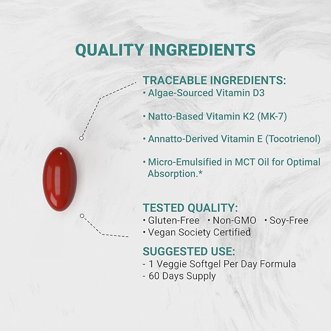Naturalis Vegan Vitamin ADK with 50mg Tocotrienol and CoQ-10 | Nano-Emulsified in EVOO for Better Absoprtion | Non-GMO, Soy Free and Vegan Society Certified | 60 Veggie Softgels (Carrageenan Free)