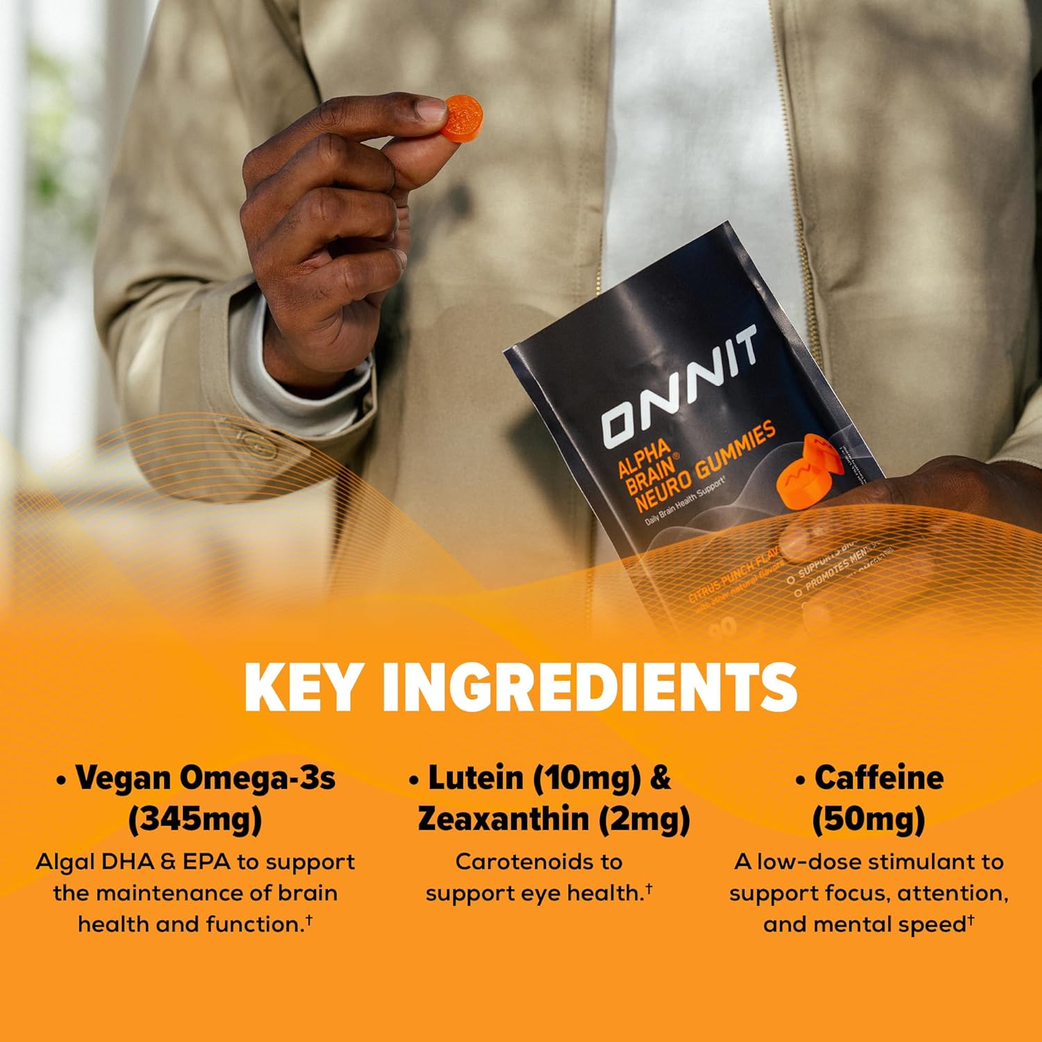 ONNIT Alpha Brain Neuro Focus Gummies - Vegan Gummies with Omega-3s, Lutein, Zeaxanthin & Caffeine - Brain, Eye & Focus Supplement for Men & Women†, Citrus Punch Flavor, 90 Count