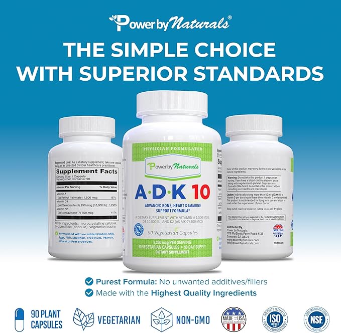 Power By Naturals ADK Vitamin Supplement – ADK 10 High Potency with Vitamins A, D3 10,000 IU & K2 MK7 for Bone Health – Vitamin A D K Supplement – 90 Capsules, 2 Pack (6-Month Supply)